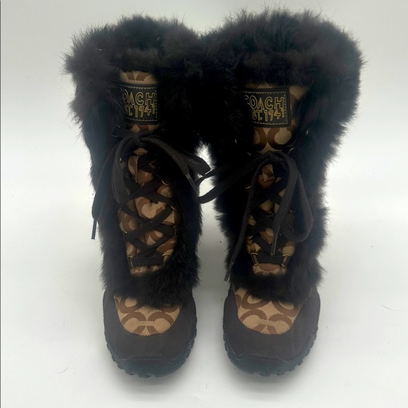 Coach Jennie Signature Fur Trim Lace Up Boots Monogram Khaki Q522 Womens 7.5 B - Picture 4 of 14